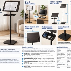 RESIGILAT - Suport pentru cărți și partituri Typec 2 în 1, podea și birou, înălțime reglabilă 50–130 cm, 11 unghiuri de înclinare, lemn și metal, tavă detașabilă, Negru - Img 2