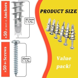 Set 100 Piese Dibluri Metalice Autoperforante pentru Gips-Carton (Gipscarton / Rigips), 50 Dibluri Autofiletante din Aliaj de Zinc + 50 Șuruburi din Oțel Zincat #8 x 1-1/4 Inch (32 mm), Montaj Rapid Fără Pregăurire, Alb - Img 4