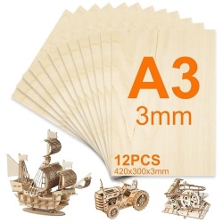 Set 12 Plăci din Placaj Lemn de Tei A3 Typec, 3 mm, 420 x 300 mm, pentru Traforaj, Pirogravură, Decupare Laser și Modelism