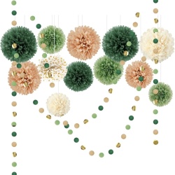 Set 15 Decorațiuni pentru Petrecere , Flori din Hârtie de TissU și Ghirlande cu Buline, Tematică Verde Smarald, Auriu și Maro, Pentru Baby Shower, Nuntă și Aniversări