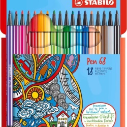 Set 18 Carioci / Markere Premium STABILO Pen 68, Vârf Mediu 1 mm, Multicolor, Cerneală pe bază de apă, Plastic Bio-bazat ISCC PLUS, Ideal pentru Desen, Caligrafie și Școală