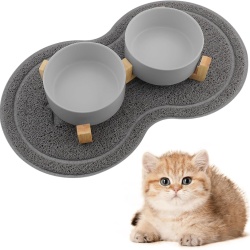 Set 2 Boluri din Ceramică pentru Pisici și Căței cu Suport din Lemn de Bambus, Capacitate 2 x 400 ml, Poziție Ergonomică Anti-Reflux, Gri