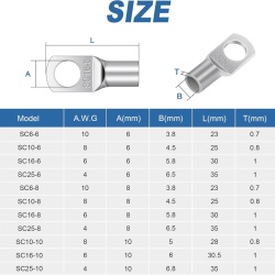 Set 20 Papuci Cablu Din Cupru Îngroșat SC25-8, Secțiune 25mm², Gaură Șurub M8, Conectori Tubulari Inelari Neizolați pentru Auto și Instalații Electrice - Img 5