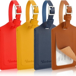 Set 4 Etichete de Bagaj din Piele Ecologică PU cu Clapetă de Confidențialitate, Curea Reglabilă cu Cataramă, Cartonaș de Date Adresă și Nume, 7 x 11.8 cm, 4 Culori (Roșu, Galben, Albastru Închis, Maro)