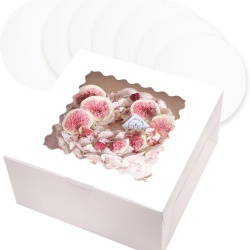 Set 5 Cutii pentru Tort cu Fereastră și 5 Baze Rotunde Cartonate de 25x25 cm, Albe