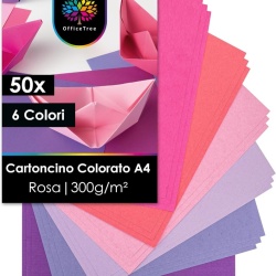 Set 50 Coli Carton Colorat A4 OfficeTree, 300 g/mp, 6 Nuanțe de Roz, pentru Scrapbooking, Craft și Imprimare