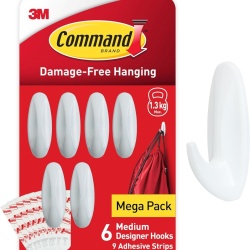 Set 6 Cârlige Adezive Decorative Medium Command 3M, Culoare Alb, Capacitate Susținere 1.3 kg / cârlig (Total 9 Benzi adezive incluse), Montare Fără Găurire
