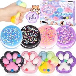 Set 8 Jucării Anti-Stres Mochi Squishy (4 Biscuiți și 4 Lăbuțe de Pisică), Jucării Senzoriale Kawaii pentru Relaxare și Cadouri, Material Flexibil și Plăcut la Atingere