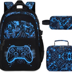 Set Ghiozdan Școlar Gamer 3 Piese cu Efect Fosforescent Glow-in-the-Dark, Ghiozdan Ergonomic și Impermeabil 25 L pentru Laptop 15.6", Penar Inclus, pentru Copii și Adolescenți 6-12 Ani, Albastru