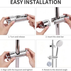 Suport / Glisor Universal Reglabil pentru Para de Duș, Compatibil Bare de 18–25 mm, Rotație 360°, cu Cârlig Integrat, Finisaj Cromat (Argintiu) - Img 2