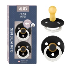 Suzeta BIBS Colour Negru, set 2 buc, cauciuc natural, lumineaza in intuneric, 6m+
