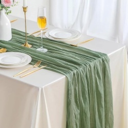 Traversă de masă decorativă Cheesecloth, 300 x 90 cm, Verde Salvie (Sage Green), din pânză topită tip tifon stil Boho/Rustic, pentru nunți, botezuri, petreceri și sărbători - Img 5