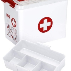 Trusă Medicală de Prim Ajutor Sunware Q-Line 9 Litri cu Tăviță Compartimentată, Mâner Ergonomic și Cleme de Închidere, Plastic Rezistent Fără BPA (Alb / Roșu)