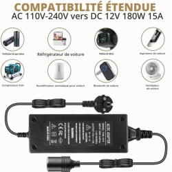 Adaptor Alimentare Auto 220V–240V la 12V 15A (180W), Convertor Tensiune AC-DC cu Mufă Tip Brichetă Auto, Redresor Stabilizat pentru Compresor Auto, Ladă Frigorifică, Aspirator Auto și Ventilator, Cablu UE Inclus - Img 9