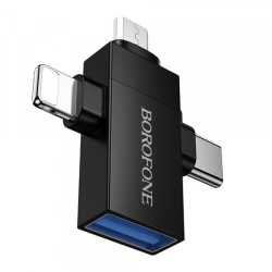 Adaptor OTG Lightning / microUSB / USB-C - USB-A Borofone BV26D, Negru