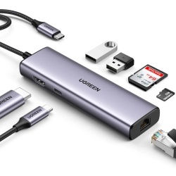 Adaptor Ugreen CM512 90568 USB-C - 2x USB-A 3.0 / HDMI / RJ45 / Cititor de carduri SD și TF / USB-C PD 100W - gri - Img 8