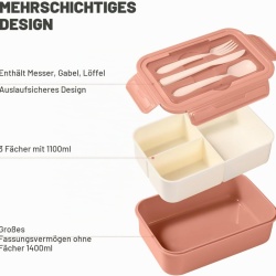 Caserolă Alimentară Bento 1400 ml, 3 Compartimente Detașabile, Set Tacâmuri Inclus, Etanșare Antiscurgere, Compatibilă cu Microunde și Mașina de Spălat Vase, Roz - Img 4