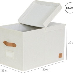 Cutie Depozitare Premium cu Capac XL Bej, Organizator Haine și Lenjerii din Țesătură de In, Mânere din Piele Ecologică, Structură Ranforsată cu Lemn, Fereastră Etichetă, 50 x 33 x 32 cm - Img 6