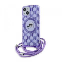 Husa MagSafe pentru Apple iPhone 15, Karl Lagerfeld, IML Crossbody Monogram Karl & Choupette's Heads, Mov