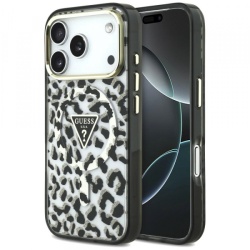 Husa MagSafe pentru Apple iPhone 18 Pro / 17 Pro, Guess, Leopard Glitter Triangle Logo, Neagra