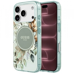 Husa MagSafe pentru Apple iPhone 18 Pro Max / 17 Pro Max, Guess, IML Flower & Tonal Circle, Verde