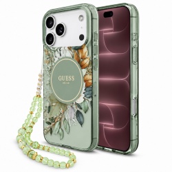 Husa MagSafe pentru Apple iPhone 18 Pro Max / 17 Pro Max, Guess, IML Flowers with Pearl Strap, Verde