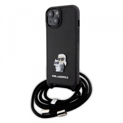 Husa pentru Apple iPhone 15 Plus, Karl Lagerfeld, Saffiano Crossbody Metal Pin Karl & Choupette, Neagra