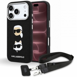 Husa pentru Apple iPhone 18 Pro Max / 17 Pro Max, Karl Lagerfeld, Saffiano Crossbody Karl & Choupette Head's Pins Logo, Neagra