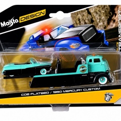 MAISTO DESIGN ELITE TRANSPORT SET CAMION CU RAMPA COE FLATBED SI MASINUTA MERCURY CUSTOM 1950 SCARA 1 LA 64