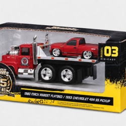 MAISTO MUSCLE TRANSPORTS SET CAMION CU PLATFORMA MACK R685ST FLATBED 1980 SI MASINUTA CHEVROLET 454 SS PICKUP 1993 SCARA 1 LA 64