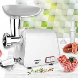 Masina de tocat Heinner Pearl 1340 MG-1340WH, 1340 W, accesoriu de rosii si carnati, cutit din inox, functie Reverse, 2 site de tăiere, capacitate de tocare 1,2 kg/min, Alb