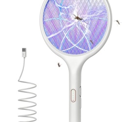 Paletă electrică anti-insecte și țânțari 4000V, mod dublu de funcționare (manual și lampă UV), reîncărcabilă USB, plasă de protecție pe 3 straturi, Alb