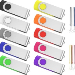 Set 10 stick-uri de memorie USB 2.0 de 2GB, memorie flash portabilă cu șnururi de gât incluse, carcasă pivotantă metalică 360°, Negru
