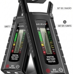 Set 2 testere digitale pentru baterii AKIELO+, ecran LCD, fără baterie necesară, verificator universal pentru AA, AAA, C, D, 9V și baterii tip pastilă (1.5V)
