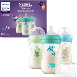Set 3 Biberoane Philips Avent Natural Response 260 ml, Tetină Debit Mediu Debit 3, Design Tropical, 1M+, SCY903/73
