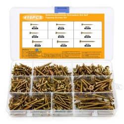 Set 410 Șuruburi Typec pentru Lemn Autofiletante M3-M4, Cap Îngropat (Countersunk / Flat), Oțel Carbon Zincat, Asortiment Dimensiuni Mici și Medii cu Cutie de Depozitare