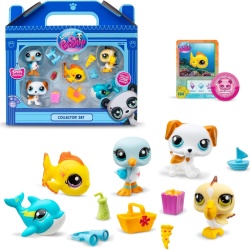 Set de Colecție Littlest Pet Shop Beach Besties 5-Pack, Conține 5 Mini Figurine Animale cu Cap Mobil Bobblehead, 7 Accesorii, Card de Colecție și Cod Virtual Digital pentru Joc Online
