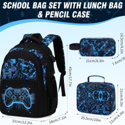 Set Ghiozdan Școlar Gamer 3 Piese cu Efect Fosforescent Glow-in-the-Dark, Ghiozdan Ergonomic și Impermeabil 25 L pentru Laptop 15.6", Penar Inclus, pentru Copii și Adolescenți 6-12 Ani, Albastru - Img 8