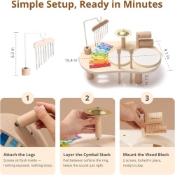 Set Muzical Complet de Tobe și Instrumente din Lemn pentru Copii 1-3 Ani Typec Home, Centru de Activități Sonore Montessori cu Xilofon, 2 Tobe, Chimval din Alamă, Clopoței de Vânt și Zornăitoare - Img 3