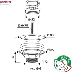 Sifon Ventil de Scurgere Universal pentru Chiuvetă de Bucătărie, Coș Filtru Inox 304 Satinat Ø 80-85 mm, Racord 1 1/2", Dop Cauciuc Rigid și Garnituri Incluse, Fabricat în Italia - Img 7