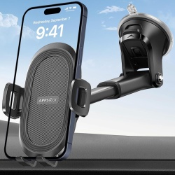 Suport Auto pentru Telefon APPS2Car, Fixare cu Ventuză Gel și Pad Adeziv 3M pe Parbriz sau Bord, Braț Telescopic Reglabil, Rotație 360°, Buton Quick-Release, Compatibil 4.7 - 6.8 Inch, Negru