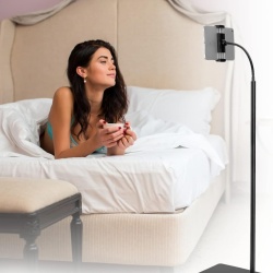 Suport de Podea Reglabil pentru Tabletă și Telefon LanPavilion, Braț Flexibil Tip Gât de Lebădă 40 cm, Rotație 360°, Bază Metalică Stabilă și Grea (1.8 kg), Compatibil 4.7–12.9 Inch, Negru - Img 3