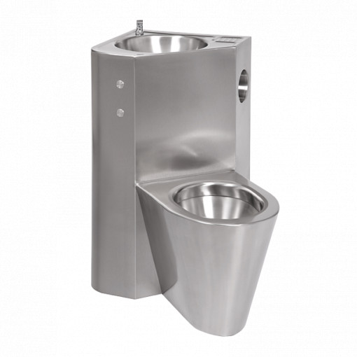 Combinație de lavoar și vas WC antivandal din oțel inox cu butoane piezo, varianta de colț stânga, vas WC stativ