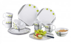 Melamine crockery set with green polka dots (16 pieces)