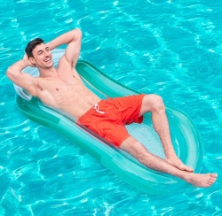 Inflatable pool mat, with headrest and safety valve, GREEN