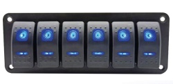 Panel with 6 toggle switches with blue LED lighting, marine standard