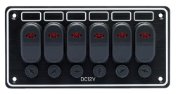 Aluminium panel with 6 toggle switches with fuses included, marine standard
