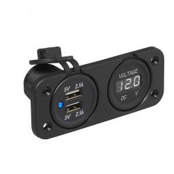 USB 2 x 2100 mA and voltmeter double socket kit, fl flush mountable