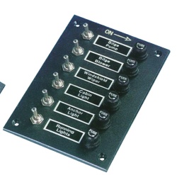 Panel with 6 rocker switches with pre-installed 5A fuses, marine standard