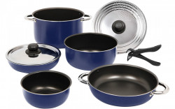 Premium set of pots and pans for camping with removable handles and non-stick treatment